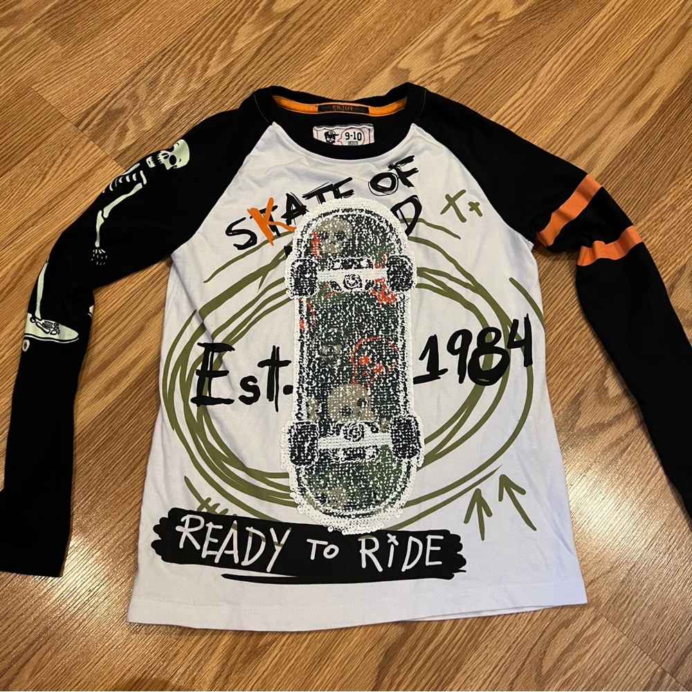 Desigual Tshirt long‎ sleeve reversible sequins skateboard skeleton size 9-10